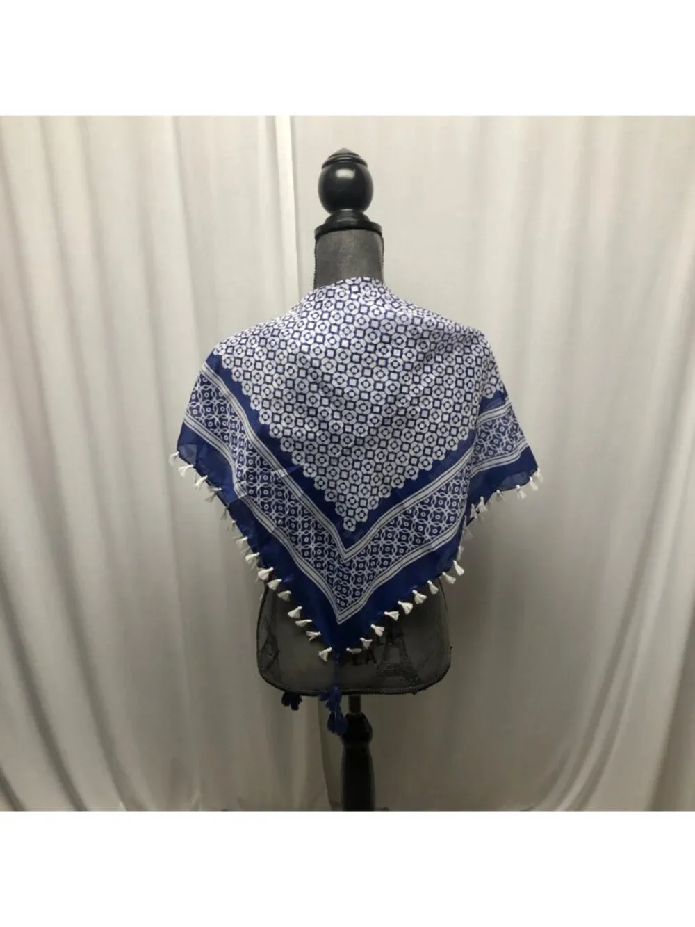 Blue White Geometric Pattern Tassel Scarf Wrap Square 39x41in